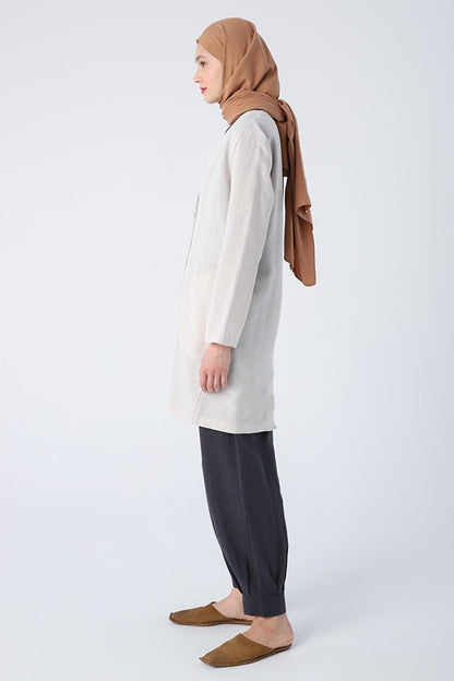 Stone Single Button V-Neck Pocket Linen Slit Jacket