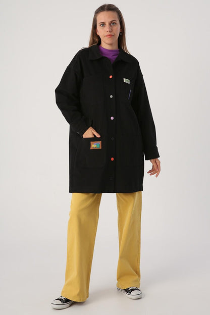 Black Cotton Jacket with Colorful Buttons and Ornamental Label Pockets