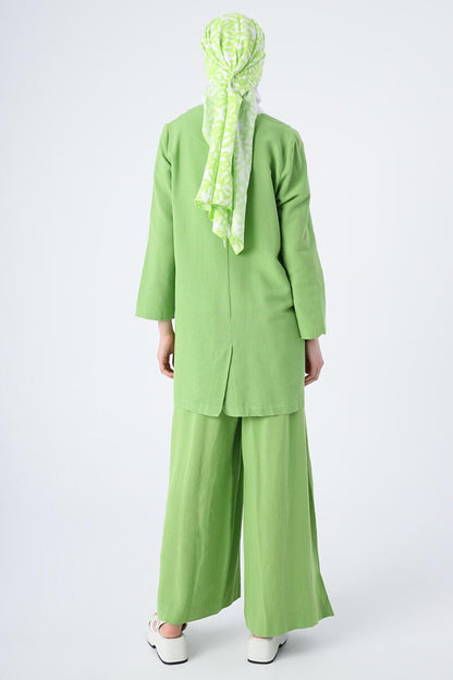 Green Single Button V-Neck Pocket Linen Slit Jacket