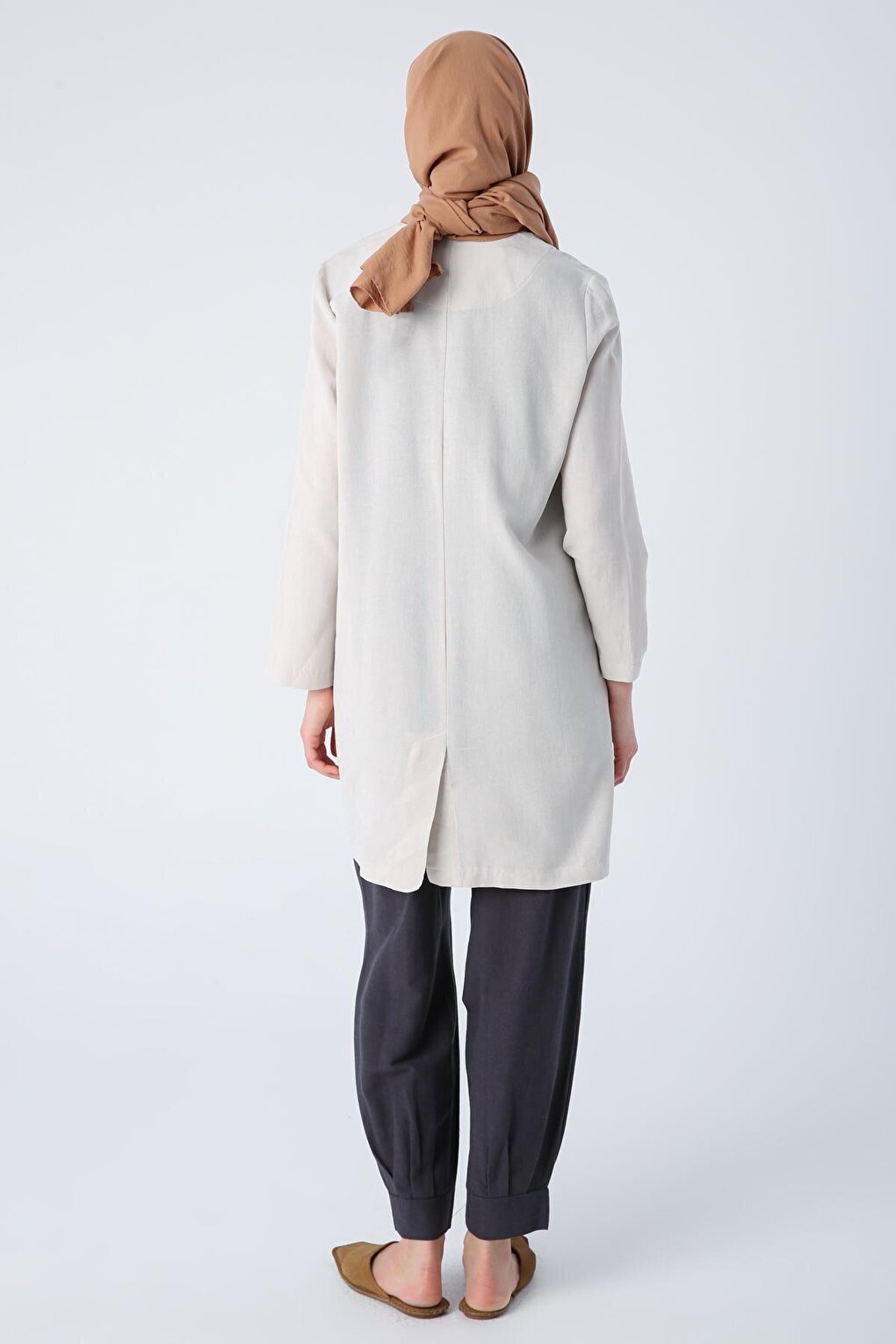 Stone Single Button V-Neck Pocket Linen Slit Jacket