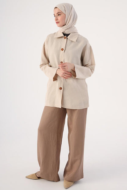 Beige Pocketed Wooden Button Shirt Collar Linen Jacket