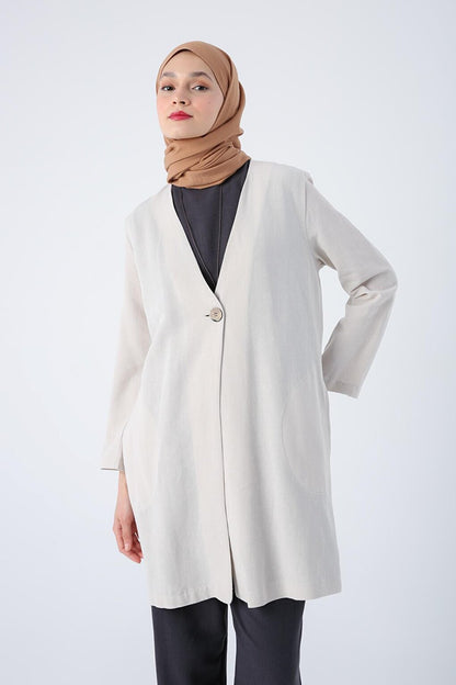 Stone Single Button V-Neck Pocket Linen Slit Jacket