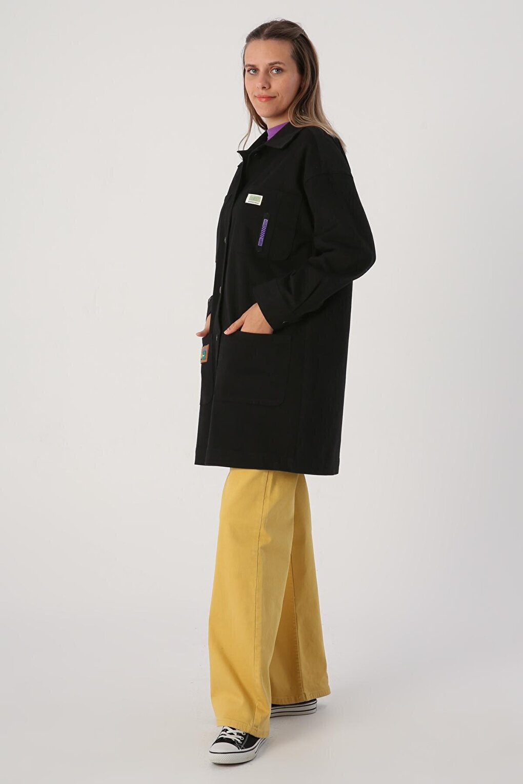 Black Cotton Jacket with Colorful Buttons and Ornamental Label Pockets