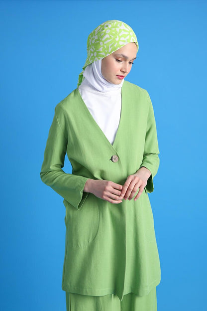 Green Single Button V-Neck Pocket Linen Slit Jacket