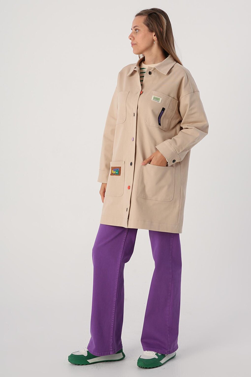 Light Beige Cotton Jacket with Colorful Buttons and Ornamental Label Pockets