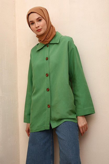 Green Pocket Wooden Button Shirt Collar Linen Jacket