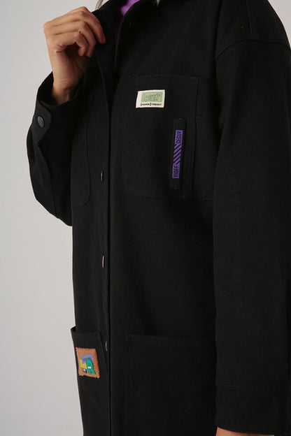 Black Cotton Jacket with Colorful Buttons and Ornamental Label Pockets