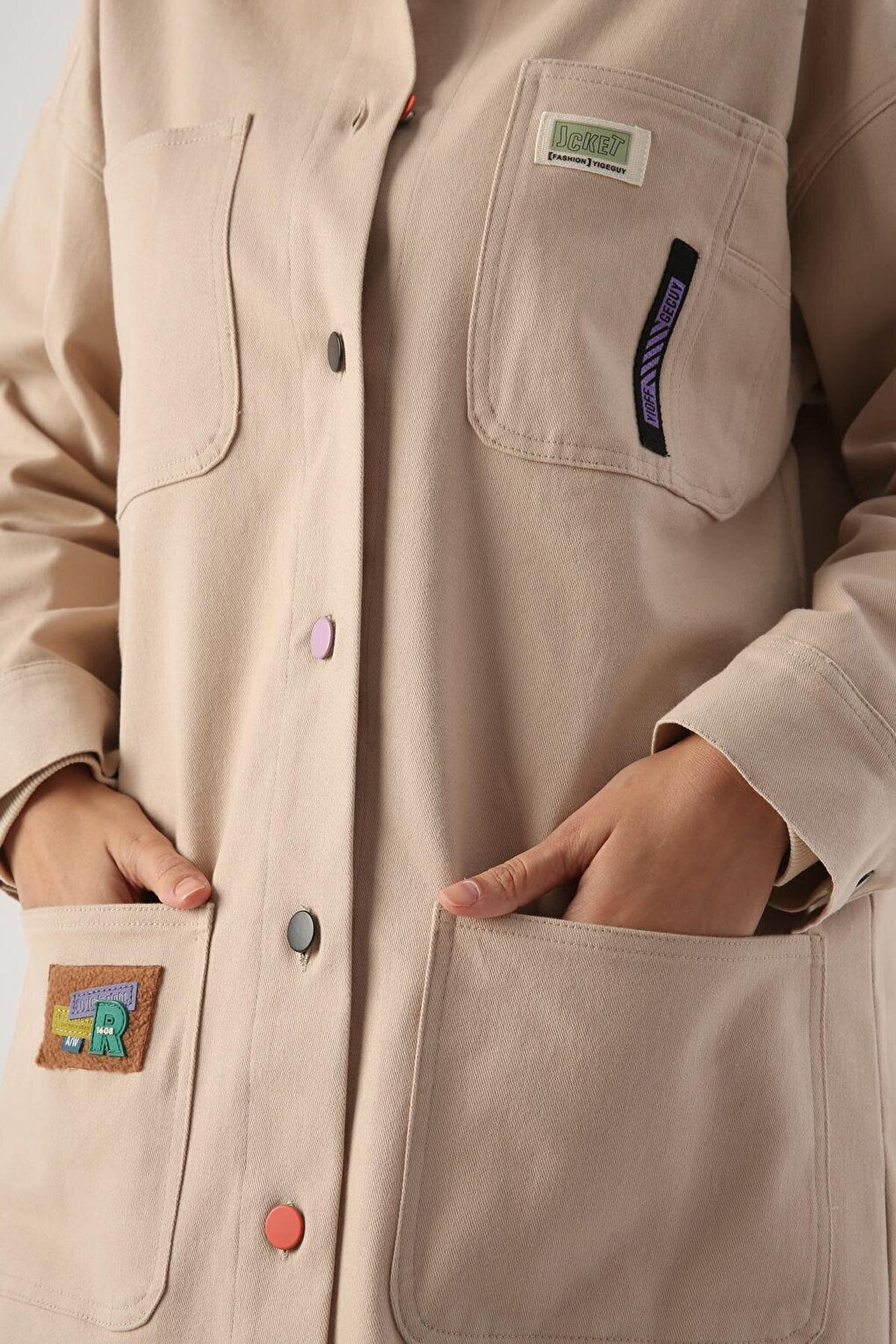 Light Beige Cotton Jacket with Colorful Buttons and Ornamental Label Pockets