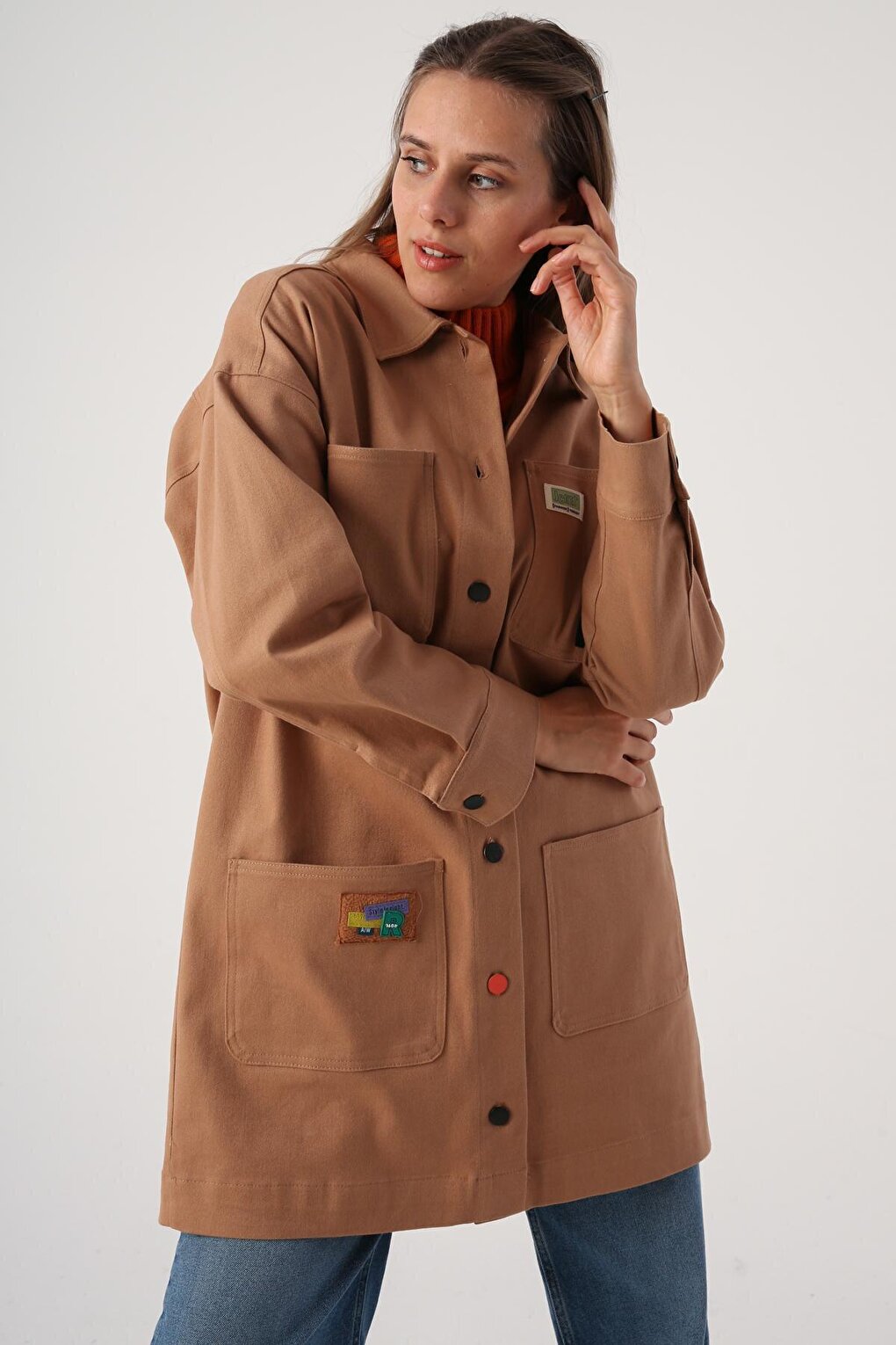 Beige Cotton Jacket with Colored Buttons and Decorative Label Pockets