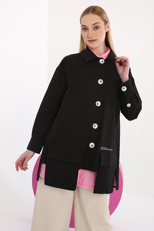 Black Asymmetric Pocket Detailed Jacket