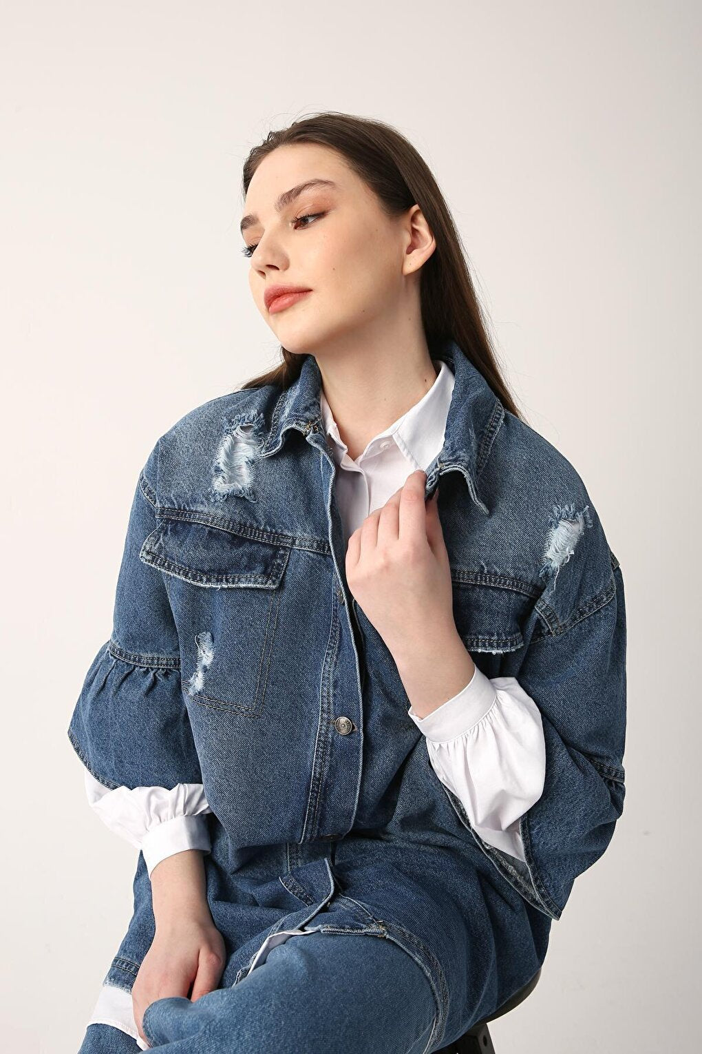 Blue 100% Cotton Three Quarter Sleeve Denim Jacket