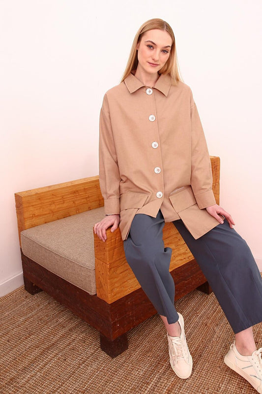 Beige Asymmetric Pocket Detailed Jacket