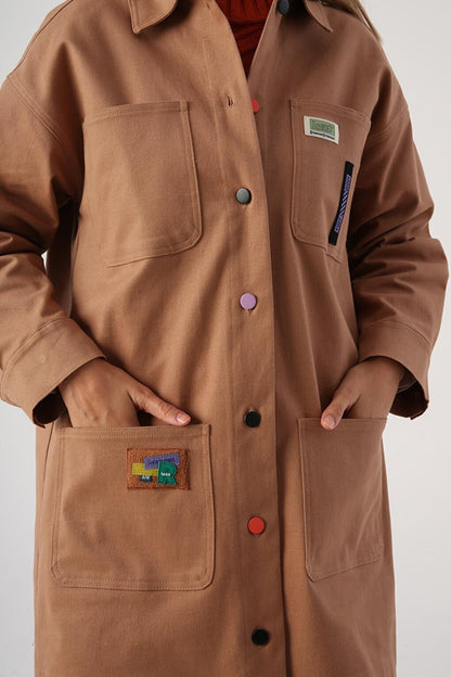 Beige Cotton Jacket with Colored Buttons and Decorative Label Pockets