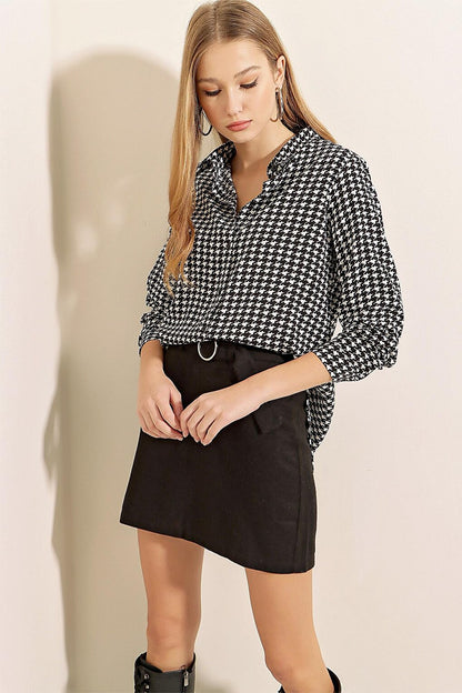 Women's Black Patterned Flowy Viscose Shirt