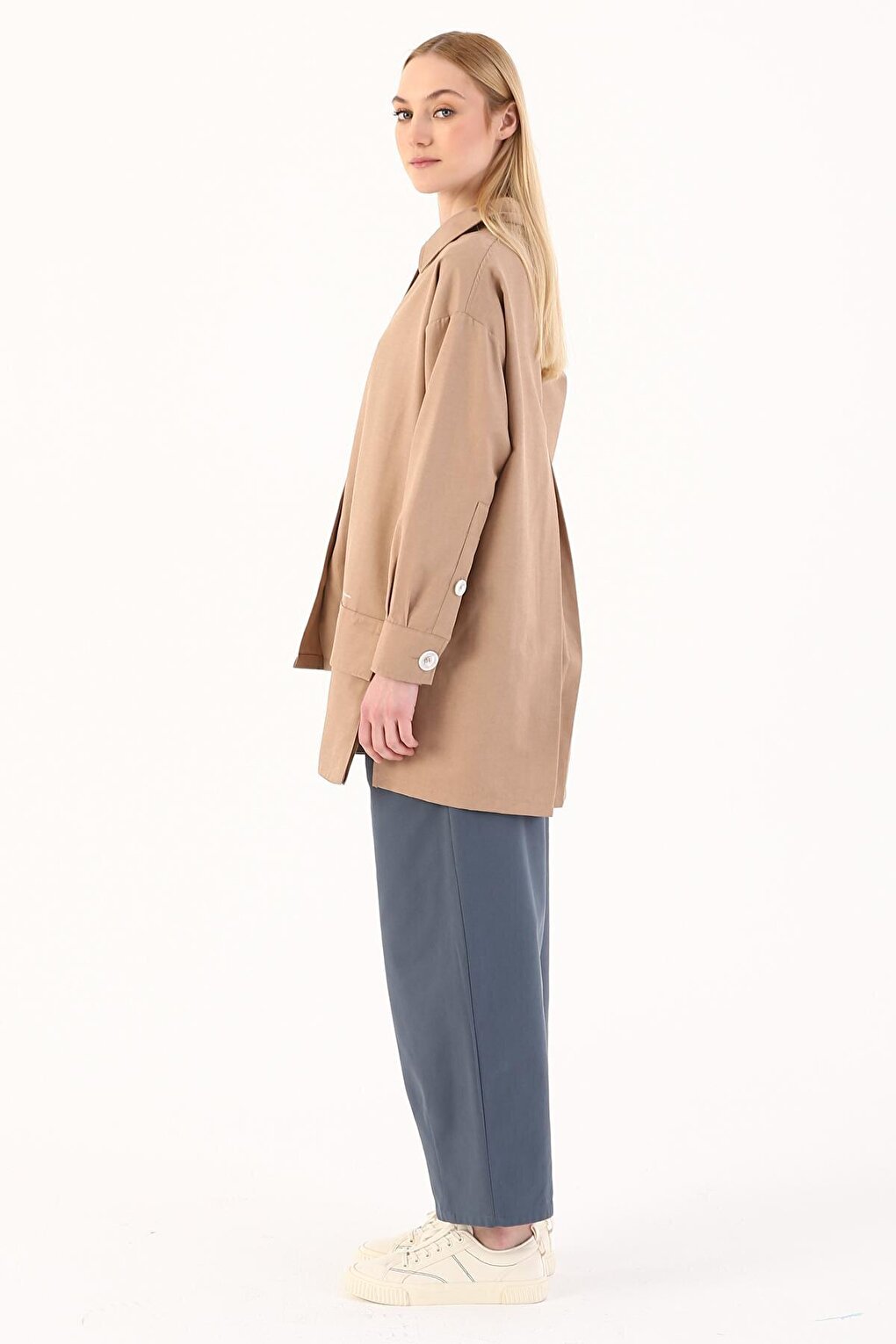 Beige Asymmetric Pocket Detailed Jacket