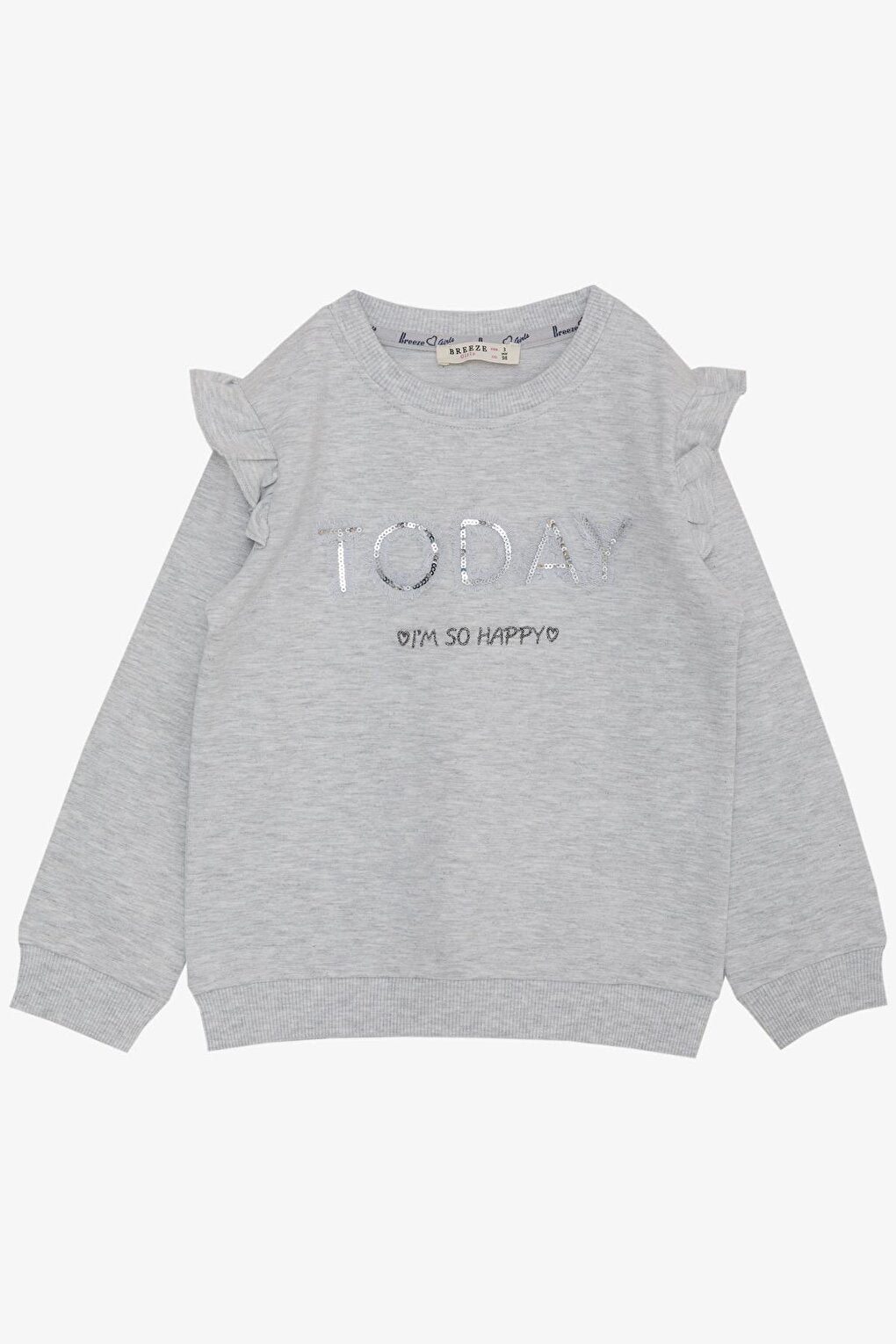 Girl's Sweatshirt Sequined Glitter Text Printed Light Gray Melange (Age 3-8)