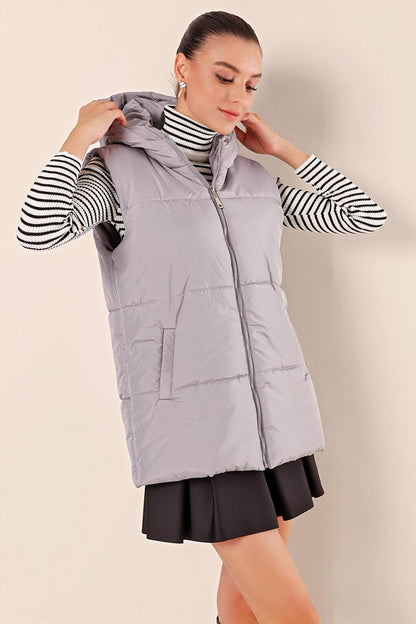 Women's Gray Hooded Zippered Short Puffer Vest