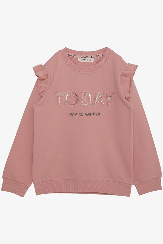 Girl's Sweatshirt, Sequined, Glittery, Text Printed, Dried Rose (Age 3-5)