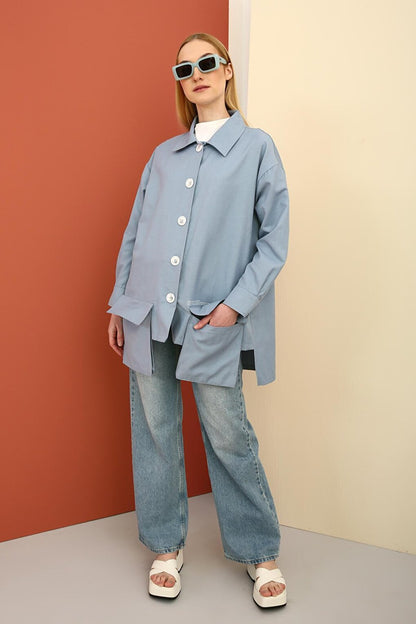 Blue Asymmetric Pocket Detailed Jacket