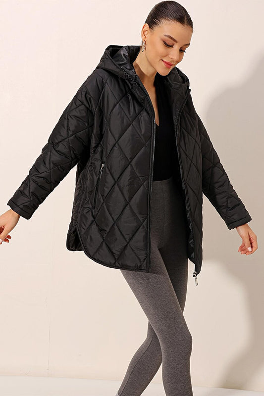 5181 Hooded Quilted Coat - Black