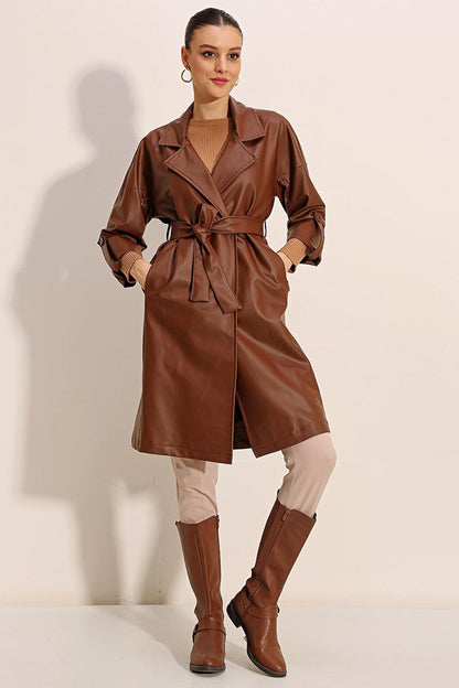 1034 Belted Faux Leather Trench Coat - Tan