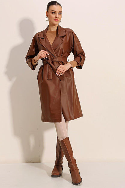 1034 Belted Faux Leather Trench Coat - Tan