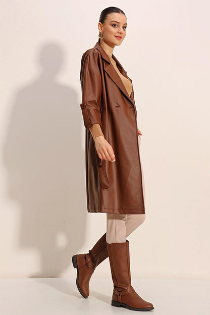 1034 Belted Faux Leather Trench Coat - Tan