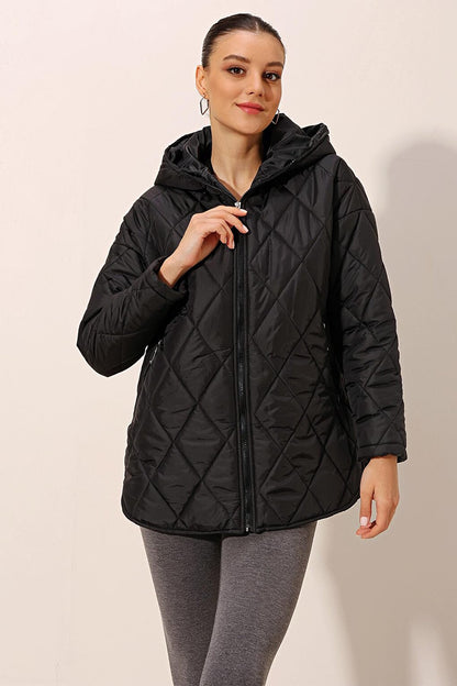 5181 Hooded Quilted Coat - Black