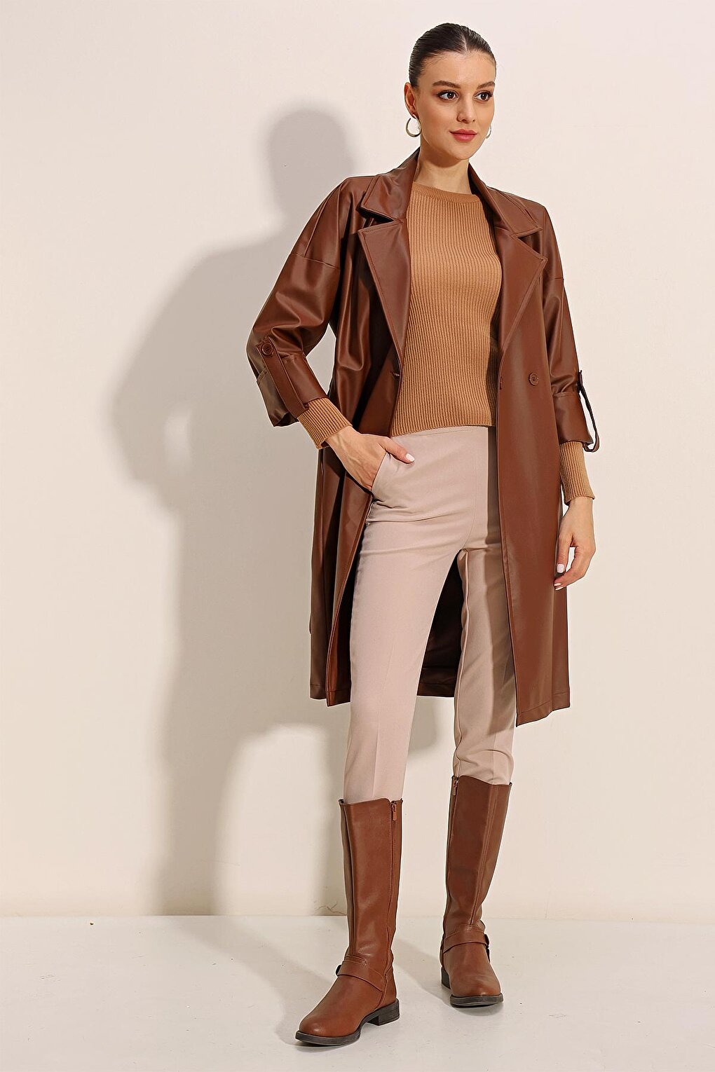 1034 Belted Faux Leather Trench Coat - Tan