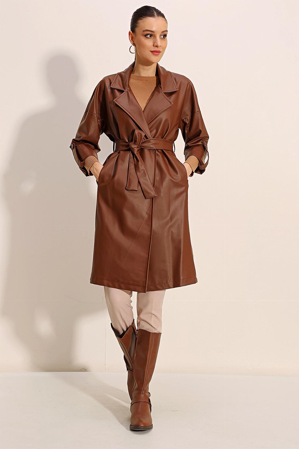 1034 Belted Faux Leather Trench Coat - Tan