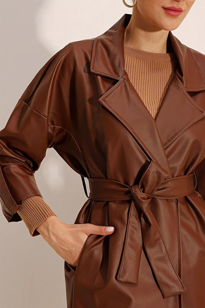 1034 Belted Faux Leather Trench Coat - Tan