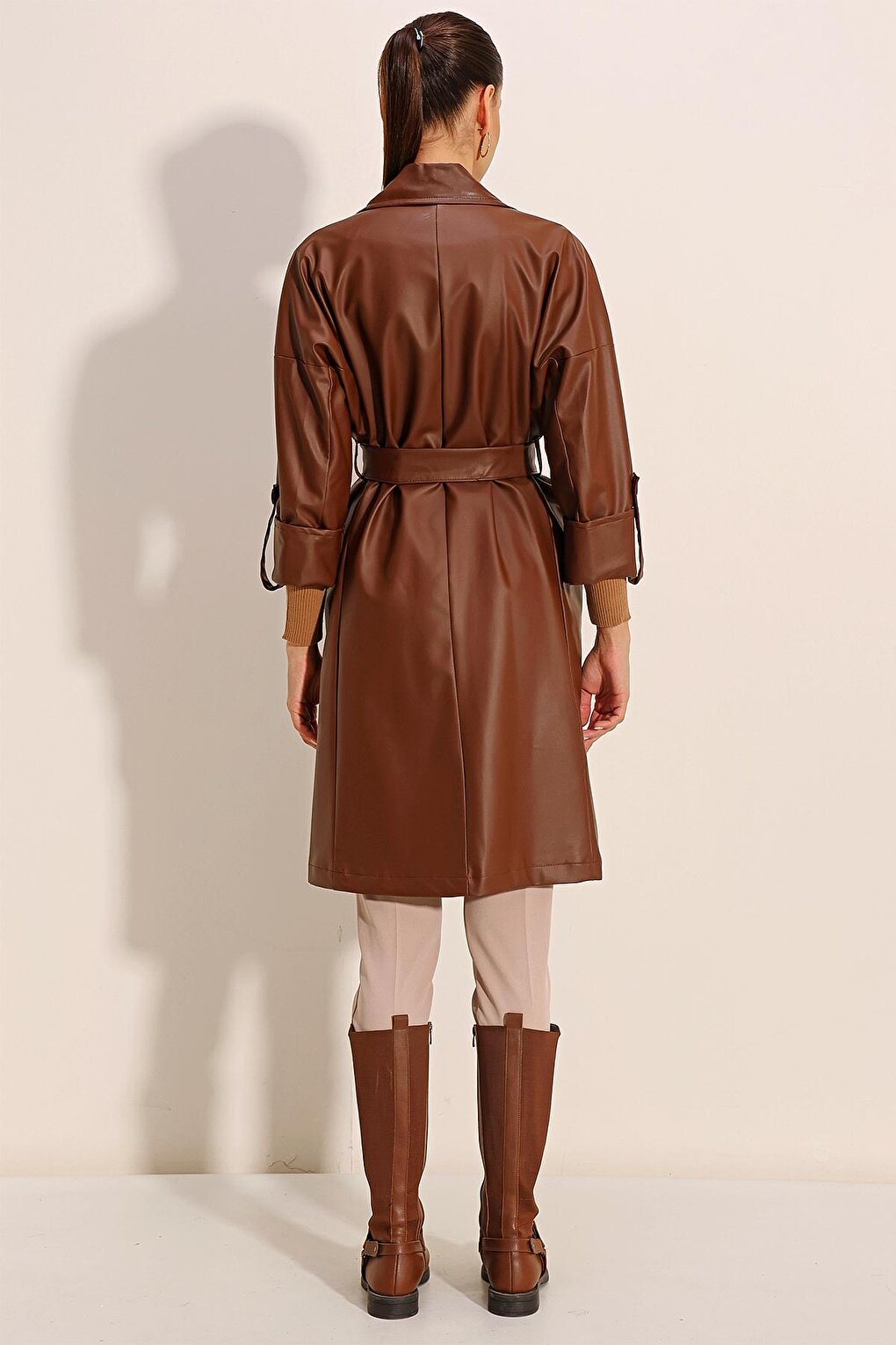 1034 Belted Faux Leather Trench Coat - Tan