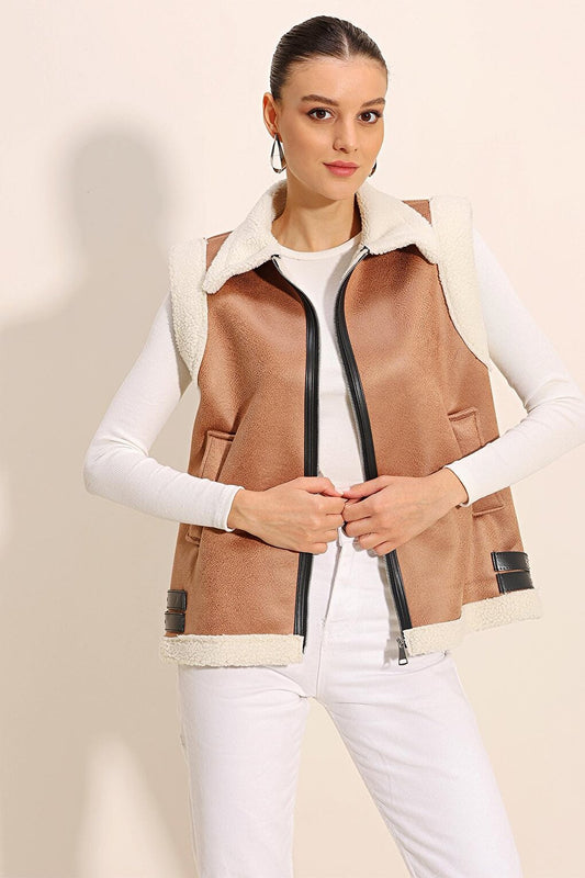 6792 Vest with Faux Fur Inside - Tan