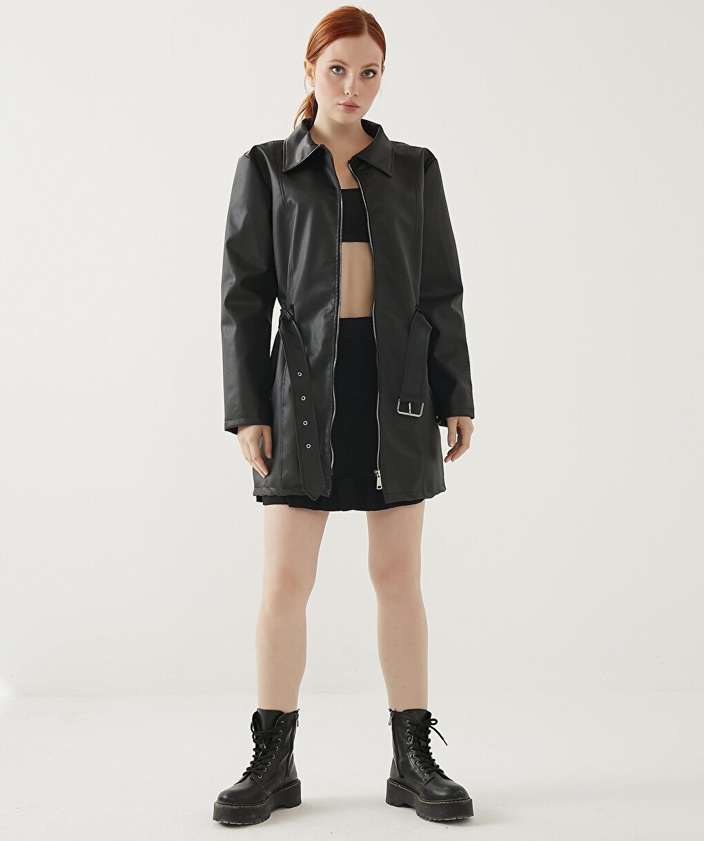 Women's Black Long Leather Overcoat Jacket