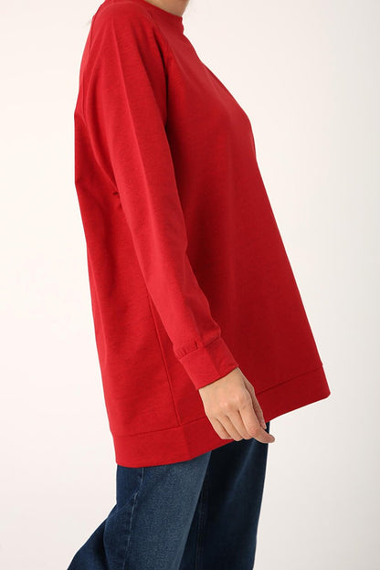 Red Raglan Sleeve Basic Sweat Tunic