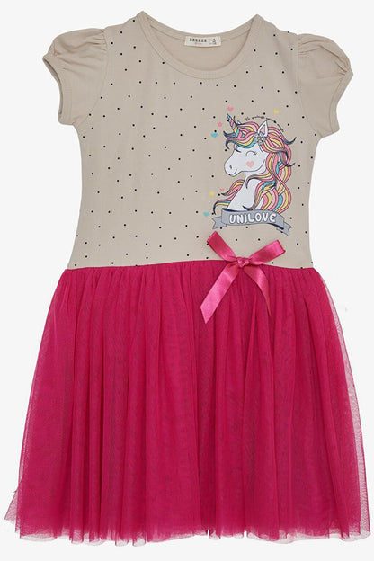 Girl's Dress Unicorn Printed Tulle with Bow Beige (Age 3-8)