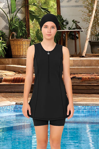 Young Sleeveless Shorts Semi-Covered Lycra Hijab Swimsuit Hughes 8131 Black