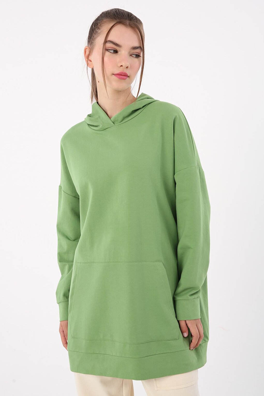 Green Kangaroo Pocket Hooded Sweat Tunic