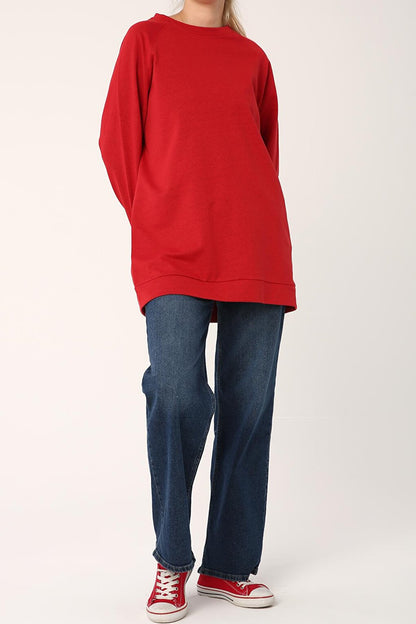 Red Raglan Sleeve Basic Sweat Tunic