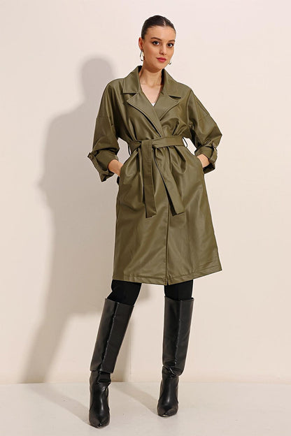 1034 Belted Faux Leather Trench Coat - Khaki