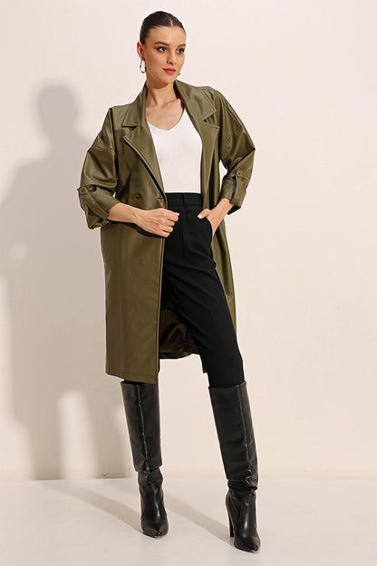 1034 Belted Faux Leather Trench Coat - Khaki