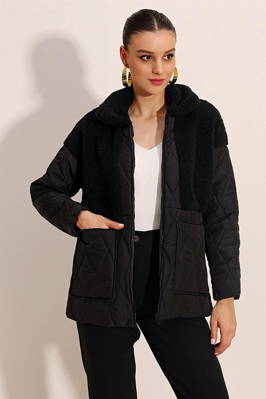 5182 Oversize Puffer Jacket with Plush Detail - Black