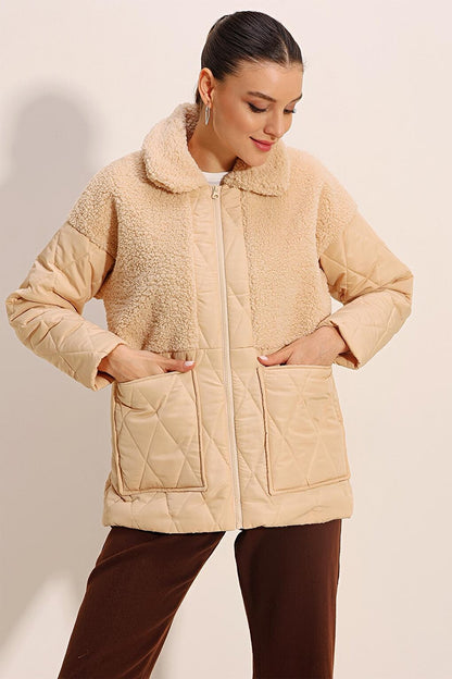 5182 Oversize Puffer Jacket with Plush Detail - Beige