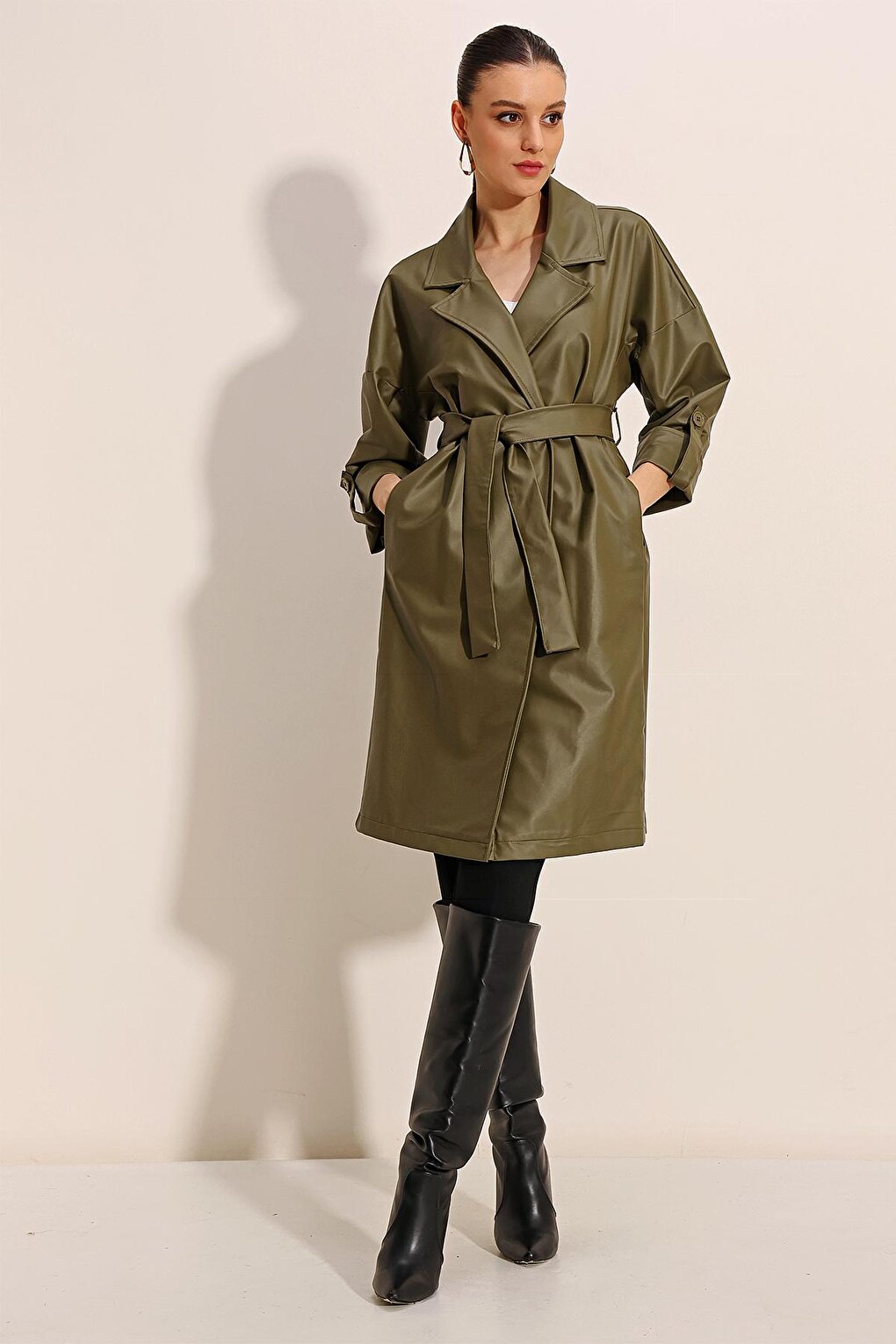 1034 Belted Faux Leather Trench Coat - Khaki