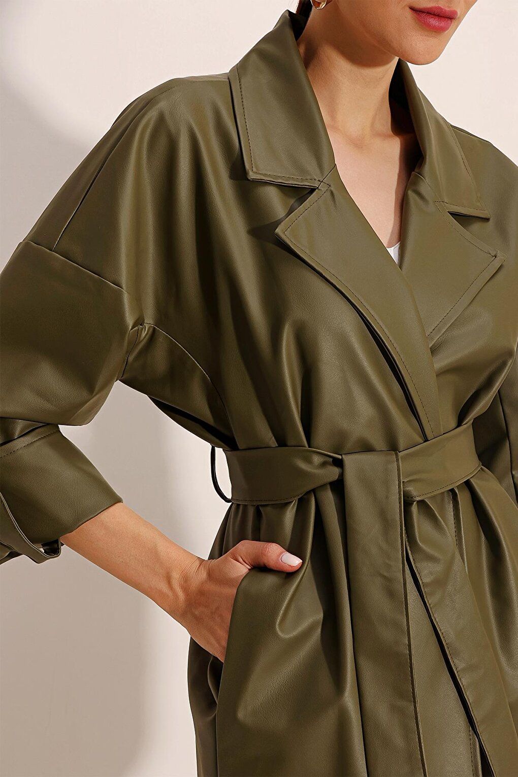 1034 Belted Faux Leather Trench Coat - Khaki