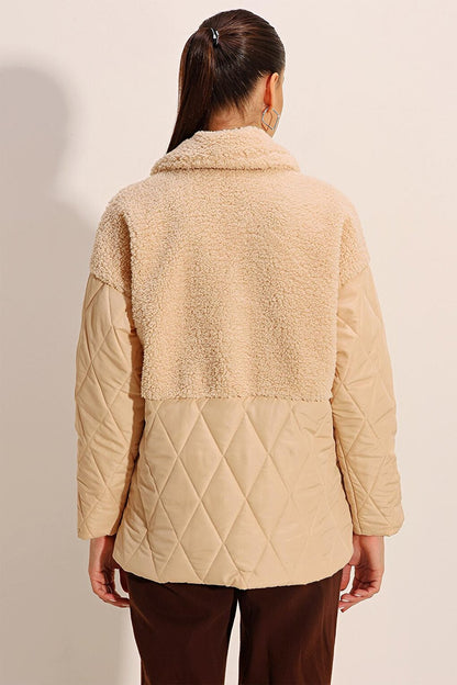 5182 Oversize Puffer Jacket with Plush Detail - Beige