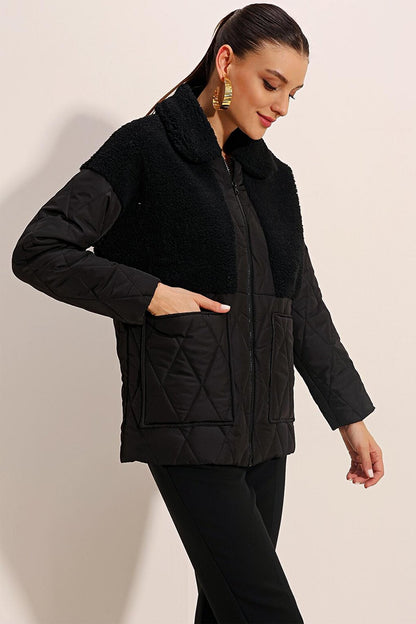 5182 Oversize Puffer Jacket with Plush Detail - Black