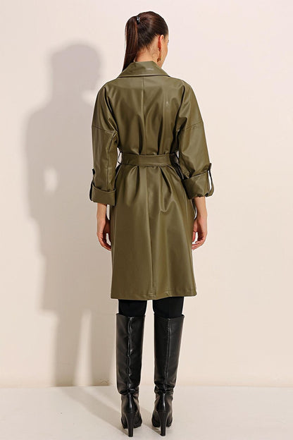 1034 Belted Faux Leather Trench Coat - Khaki