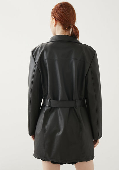 Women's Black Long Leather Overcoat Jacket