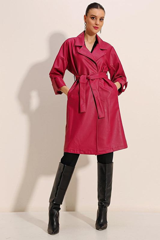 1034 Belted Faux Leather Trench Coat - Claret Red